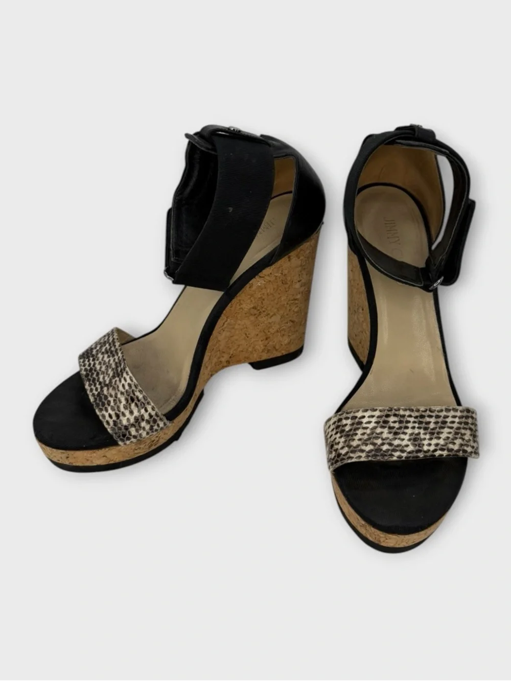 Jimmy Choo Neston Cork Wedge Sandals Snakeskin & Black Leather Euro 41.5 US 10.5